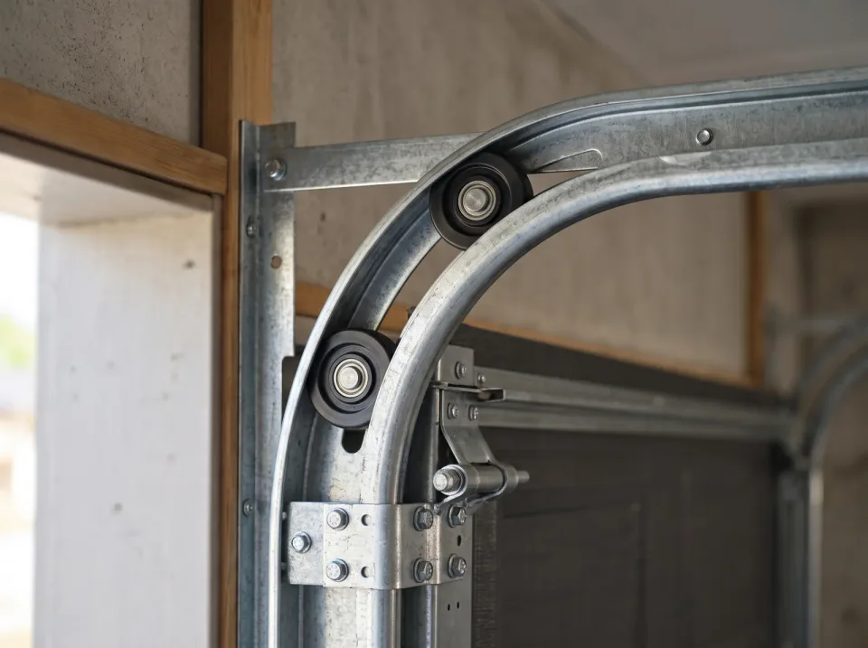Garage door track and roller assembly